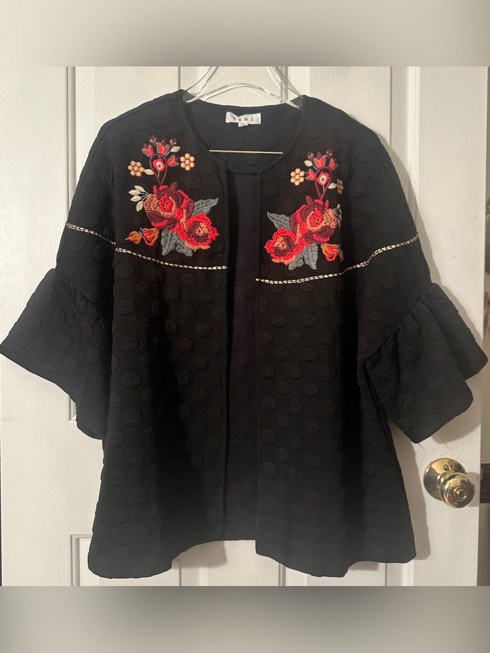 THML Med COTTON Cottagecore Capsule Black Embroidered Floral Bell Sleeve Jacket